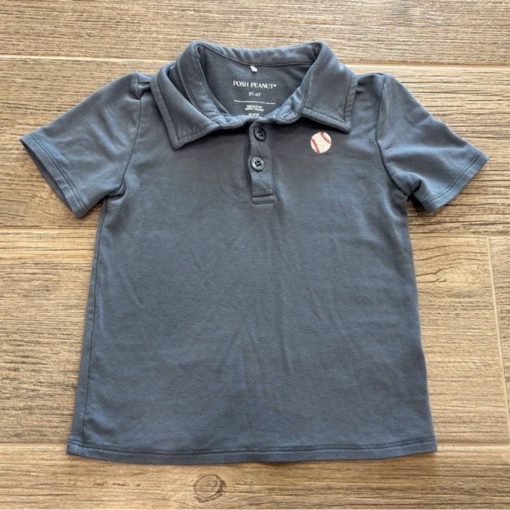 Posh Peanut Kids Polo Shirt Baseball Logo - Dark Gray/Blue